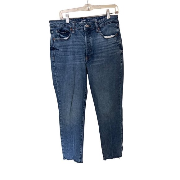 Old Navy Womens High-Rise O.G. Straight Jeans With Raw Hem Size 12 Blue Denim - Picture 1 of 11